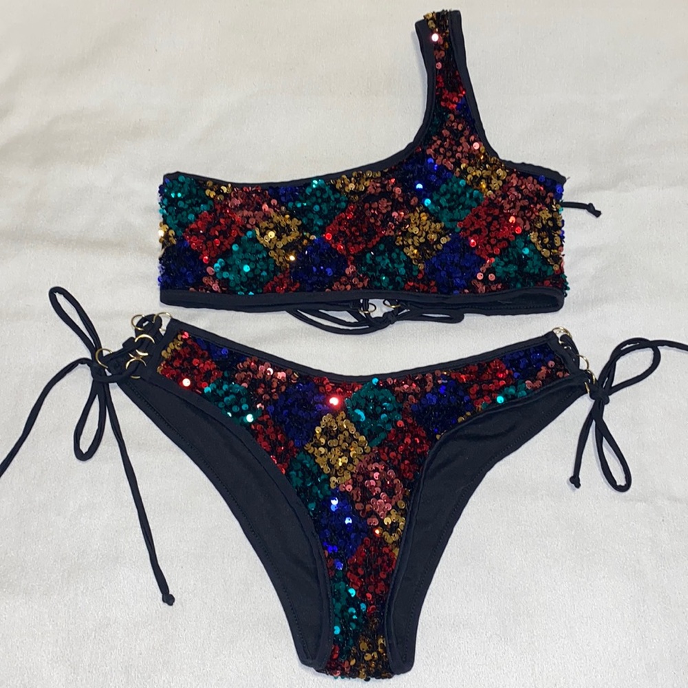 SHEIN multi colored sequins one shoulder 2 piece bikini baiting suit Sz Medium
